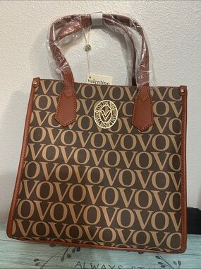 Valentino Brown Logo Monogram Tote with Gold Emblem with guitar strap